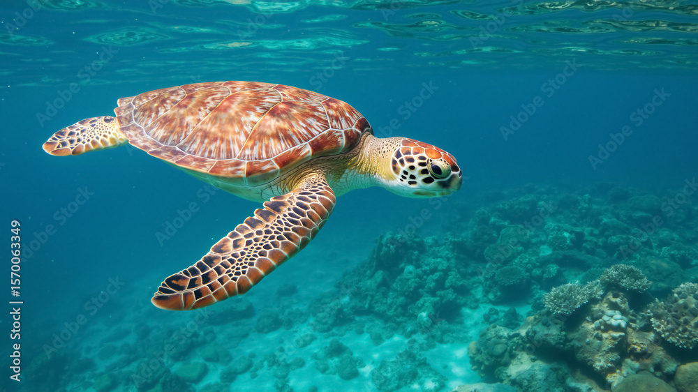 Obraz premium Green sea turtle swimming in clear blue water. An underwater scene of a turtle gliding over a coral reef.