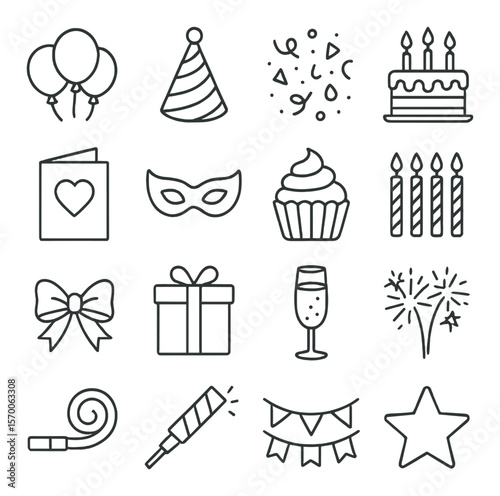 Birthday celebration collection, festive icons set. party, anniversary, and event symbols