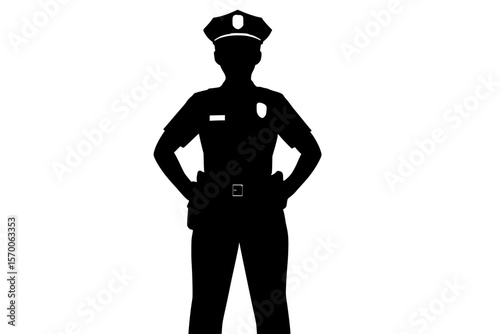 Silhouette of a police officer in uniform, black color isolated on white background