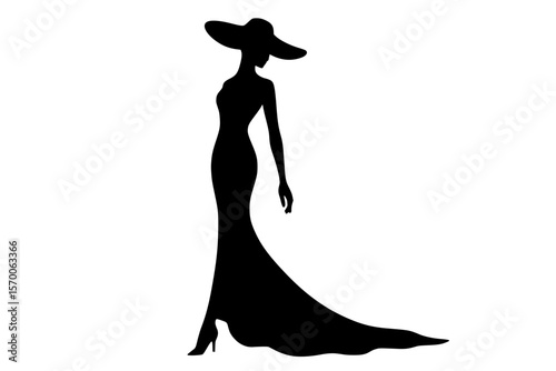 Elegant Silhouette of a Woman in a Stylish Dress and Hat