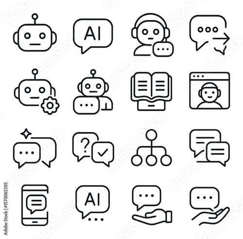 Chatbot icon collection, ai communication symbols. conversational interface set