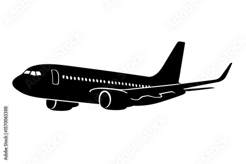 Silhouette of a commercial airplane in flight against a white background