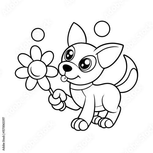Printable Puppy Catching Flowers Outline