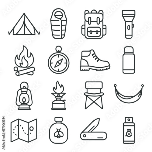 Camping gear collection, outdoor essentials kit. hiking and survival equipment set