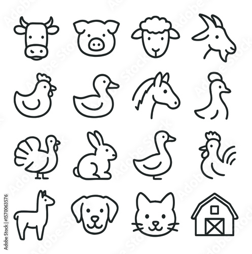 Farm animal icon collection, simple barnyard creatures set. livestock and pet graphics