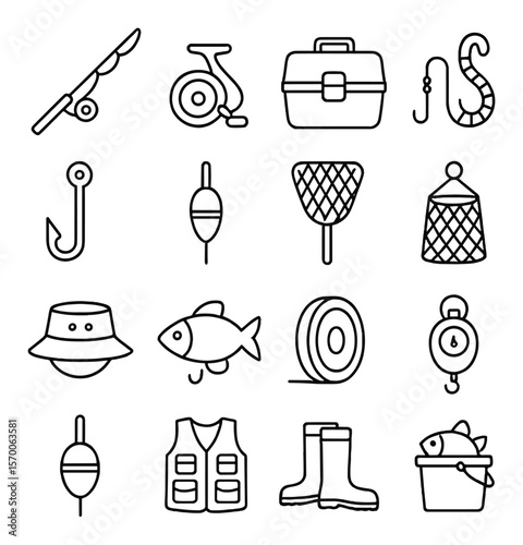 Fishing gear icon collection, angling equipment symbols. tackle and bait design set