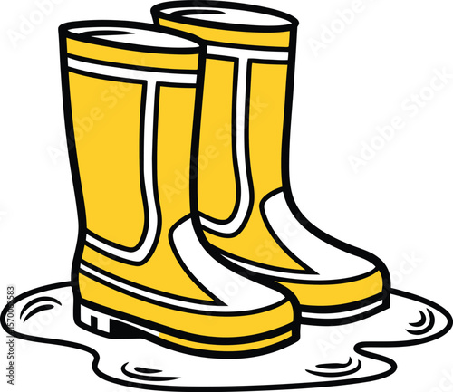 Yellow rubber boots standing in a puddle with white accents and black outlines yellow boots