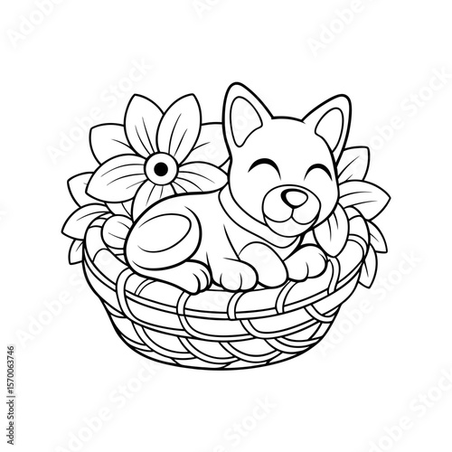 Printable Puppy Sleeping In A Flower Bed Outline
