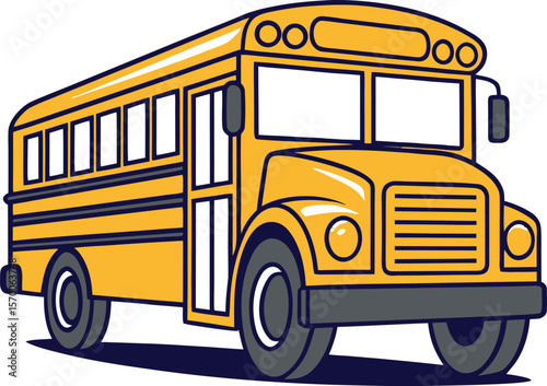 Yellow school bus with dark blue outlines and gray wheels on a white background yellow bus