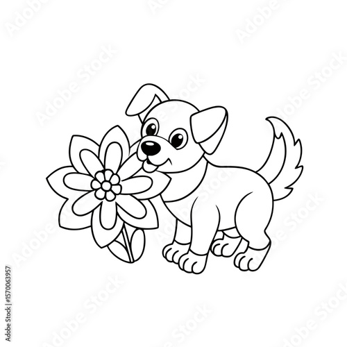Printable Puppy Sniffing Daisies Outline
