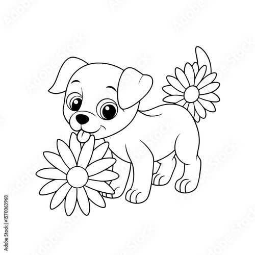 Printable Puppy Sniffing Flowers Outline