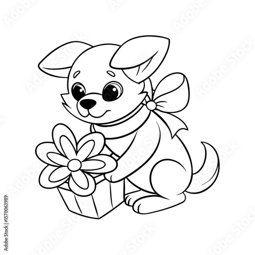 Printable Puppy Unwrapping A Flower Outline