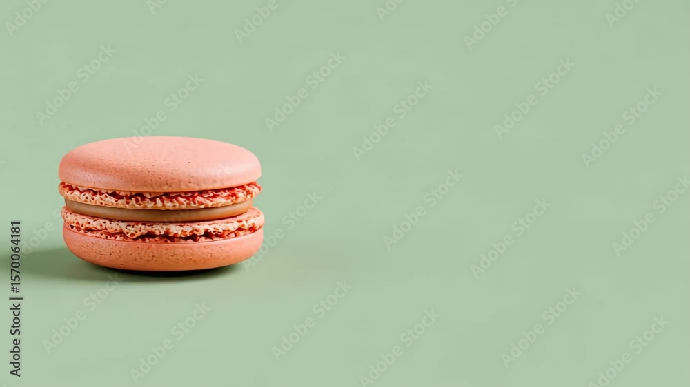 Rotating pink macaron on green background: sweet delight in motion