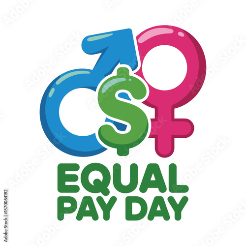 Equal Pay Day Graphic with Gender Symbols and Dollar Sign, Promoting Gender Equality and Fair Compensation for Women and Men in the Workplace, Advocating for Equal Rights and Economic Justice.