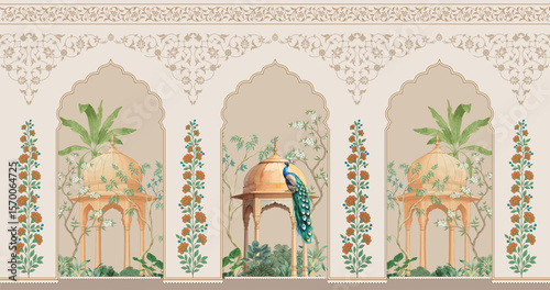 
Traditional Mughal garden wallpaper with flower wall design. Mughal Wall Mural Wallpaper for interior design.