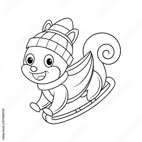 Printable Cheerful Squirrel Sledding Outline