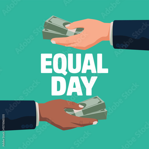 Equal Pay Day Illustration Diverse Hands Exchanging Money, Promoting Gender Equality and Fair Compensation, Advocating for Equal Rights and Economic Justice on a Teal Background