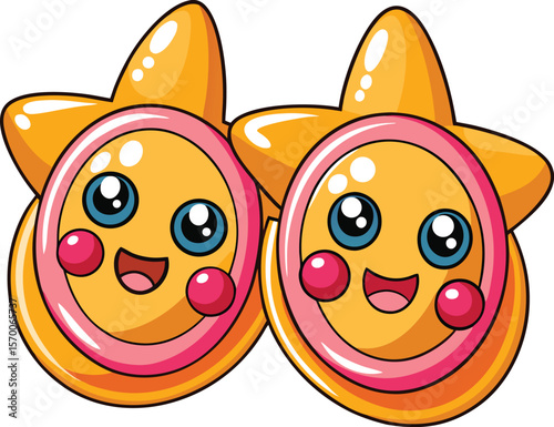 Kawaii stud earrings with cheerful faces and shiny sparkle, cartoon fashion vector on white background