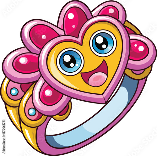 Kawaii toe ring with heart design and joyful cartoon face, minimal jewelry vector on white background