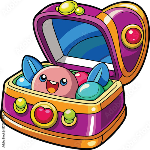 Smiling jewelry box with open lid and sparkling accessories, kawaii cartoon vector on white background