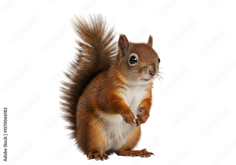 Fototapeta premium A cute squirrel standing upright with fluffy tail looking to the right side of the frame on transparent background