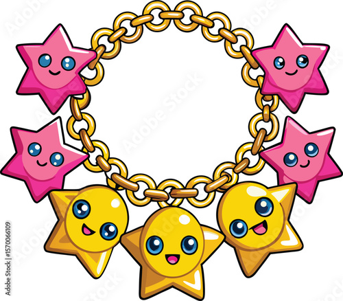 Kawaii charm bracelet with happy pink stars and yellow star-face pendants, cute cartoon jewelry vector on white background