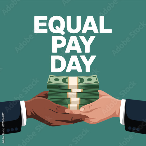 Equal Pay Day Illustration Diverse Hands Exchanging Money Stacks on Teal Background Promoting Gender Equality and Fair Compensation for Women and Minorities in the Workplace.