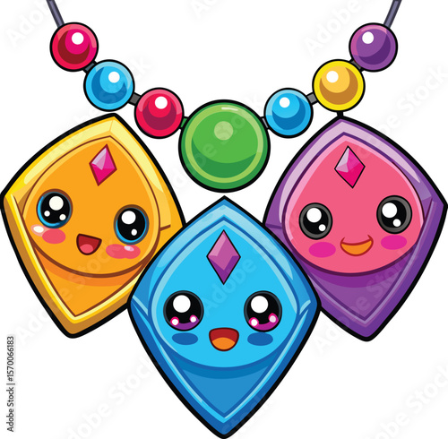 Gemstone necklace trio with three different smiling kawaii faces, cartoon jewelry vector on white background