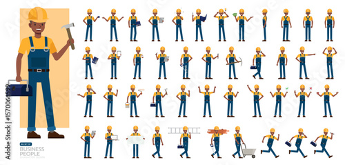 Big Set of male African American construction worker character vector design. Man working and presentation in various action.