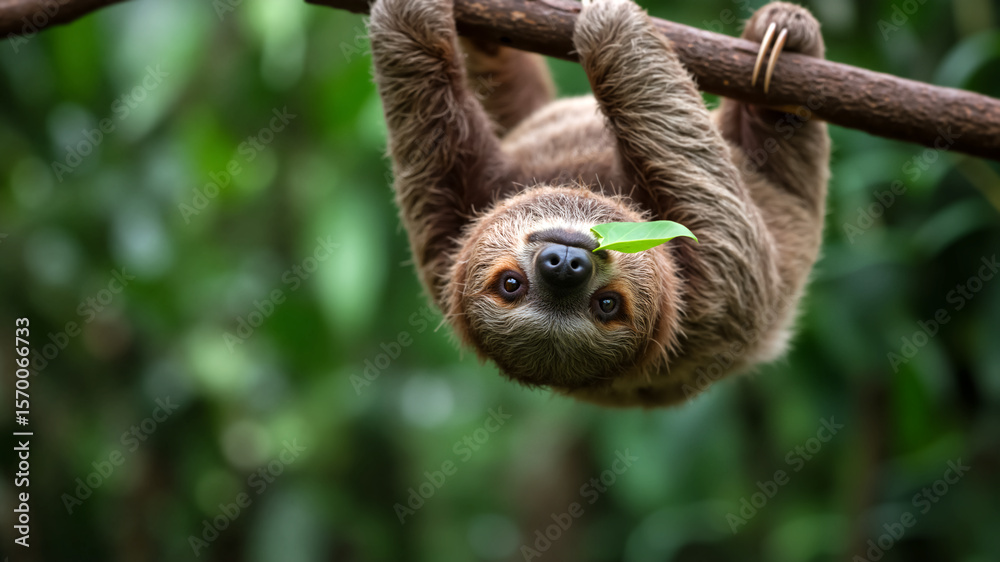 Fototapeta premium Funny sloth hanging upside down with a leaf on its nose. A cute, smiling sloth in the jungle. International Sloth Day.