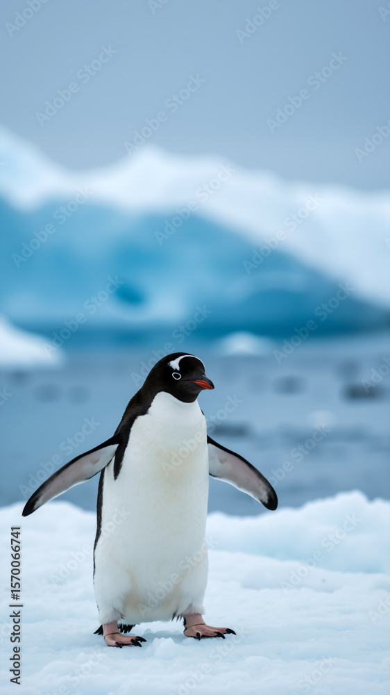 Naklejka premium Gentoo penguin standing on the ice in Antarctica. Vertical portrait of a polar bird with copy space. World Penguin Day.