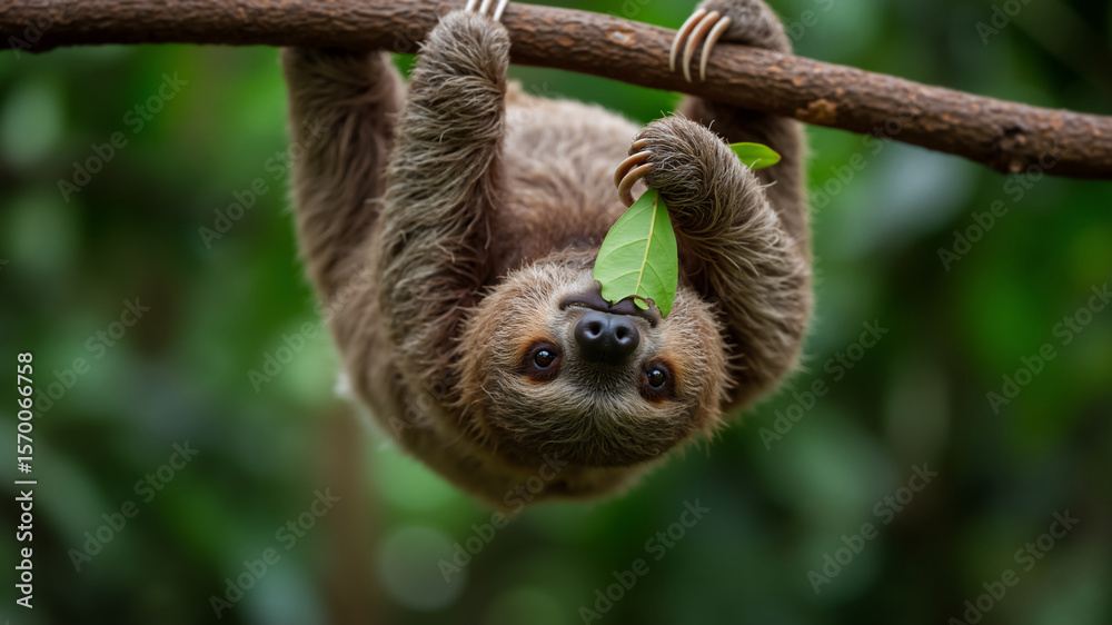 Fototapeta premium Cute sloth hanging from a branch and eating a leaf. A two-toed sloth in the rainforest. International Sloth Day.