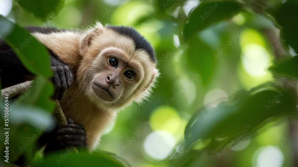 Fototapeta premium Curious capuchin monkey in the rainforest. A small primate peeking through green leaves in the jungle.