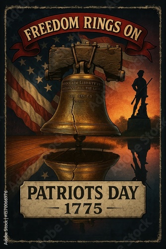 Patriots Day celebration with historical symbols and American flag background highlighting the theme of freedom