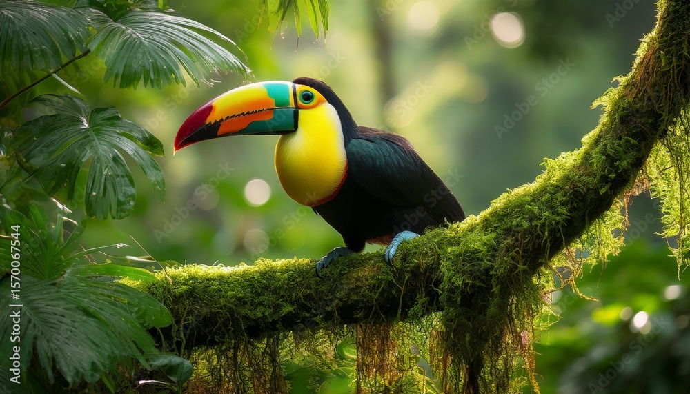 Naklejka premium a vibrant toucan perched on a branch in a lush green forest