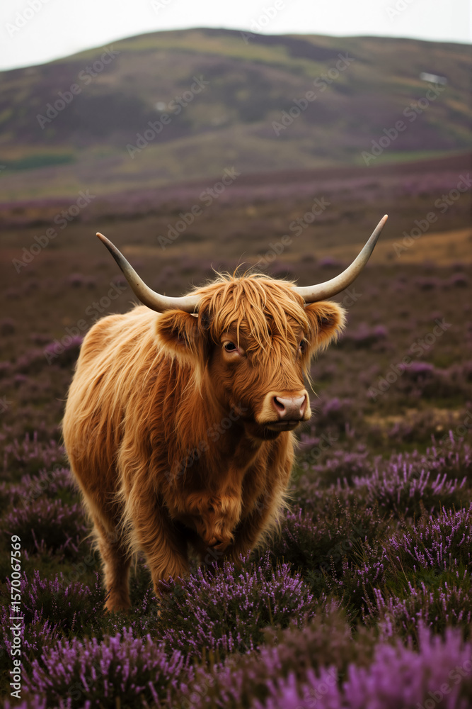 Scottish highland cow in a field of purple heather. Vertical portrait of a long-haired cow in the highlands of Scotland. Scottish highland cow in a field of purple heather. Vertical portrait of a long-haired cow in the highlands of Scotland.