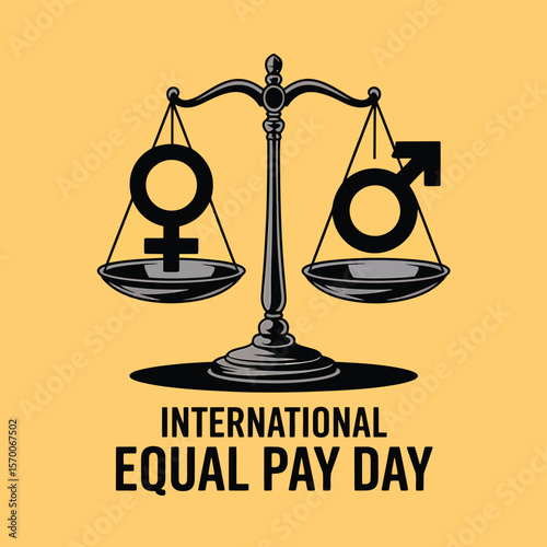 International Equal Pay Day Illustration Scales Balancing Male and Female Symbols, Promoting Gender Equality and Fair Compensation on a Yellow Background for Awareness and Justice