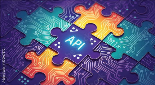 Interlocking puzzle pieces illustrate API connections and integration, representing software development and technology solutions.