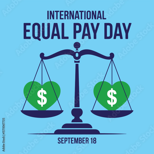 International Equal Pay Day Vector Graphic Scales of Justice with Green Hearts Representing Equal Value and Financial Fairness on a Light Blue Background.