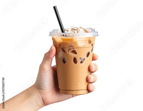 hand holding iced coffee with straw, trendy cup design, transparent background