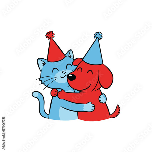 Cat and Dog Hugging in Cute Cartoon Vector Illustration