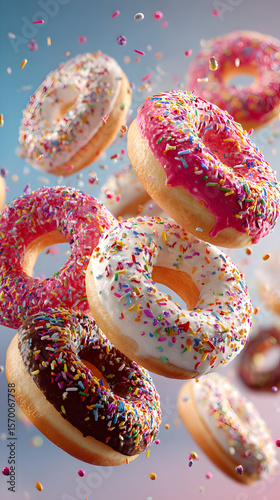 Assorted frosted donuts with colorful sprinkles falling in mid air