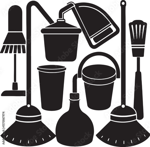 Collection of cleaning tools and supplies in silhouette icons vector on white background
