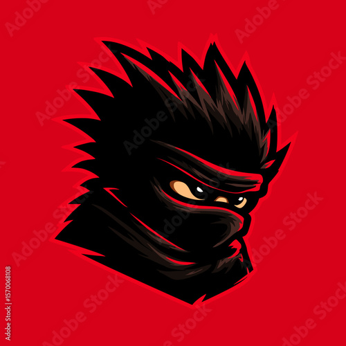Stylized ninja emblem showcasing fierce expression and spiky hair against a bold red background
