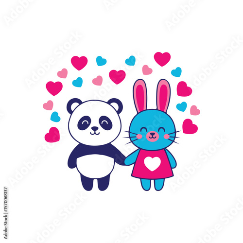 Panda and Rabbit Holding Hands in Friendship Vector