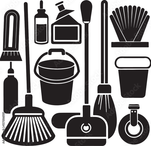 Collection of cleaning tools and supplies in silhouette icons vector on white background
