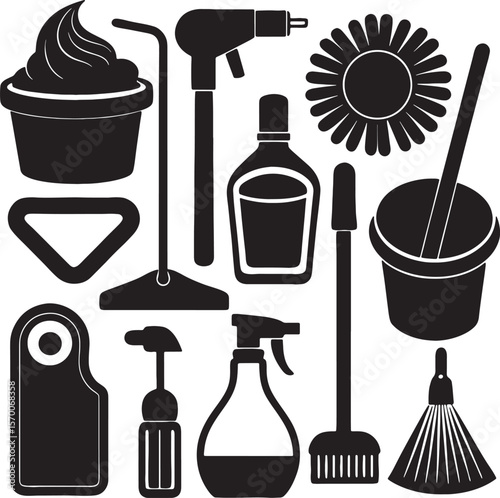 Collection of cleaning tools and supplies in silhouette icons vector on white background