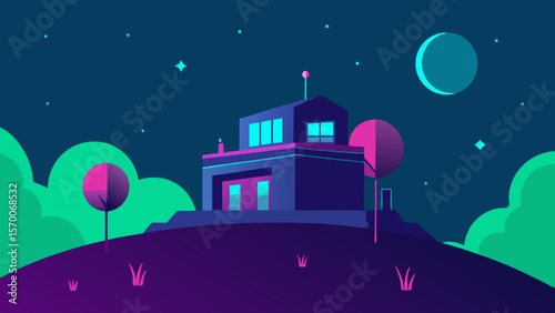 Night winter landscape of a snow-covered town with houses, Christmas lights, and a full moon in the star-filled sky