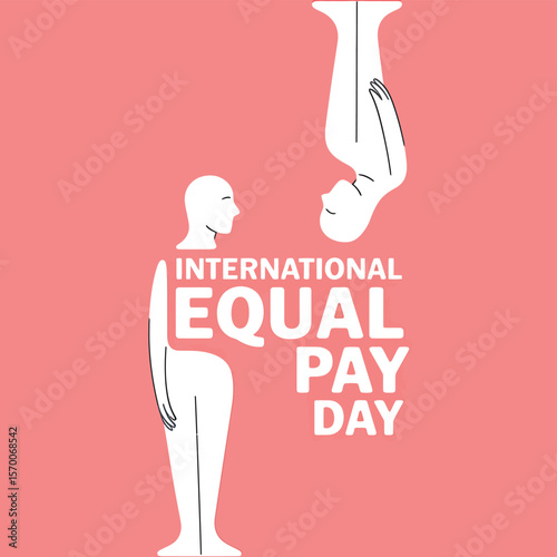 International Equal Pay Day Illustration with Two Figures, One Upside Down, in White on a Pink Background