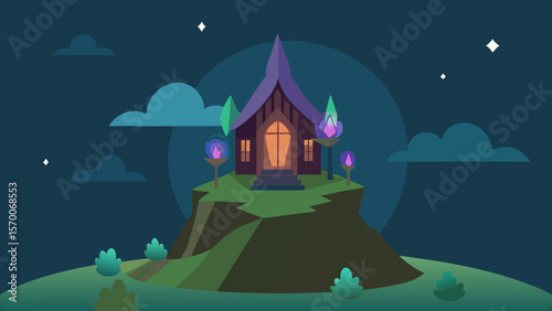 A dark, moonlit fairy tale castle in a winter forest, illuminated by stars